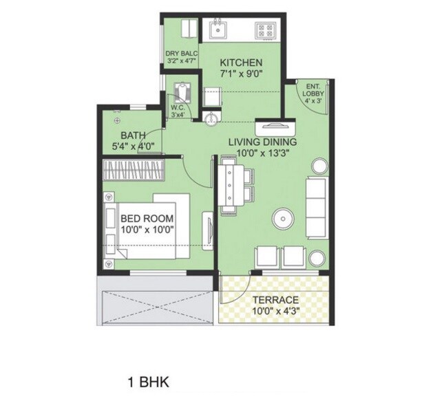 Floor plan of 1 BHK 421 Sq. Ft. Apartment in Jupiter Commanders Aayush Park, Pune