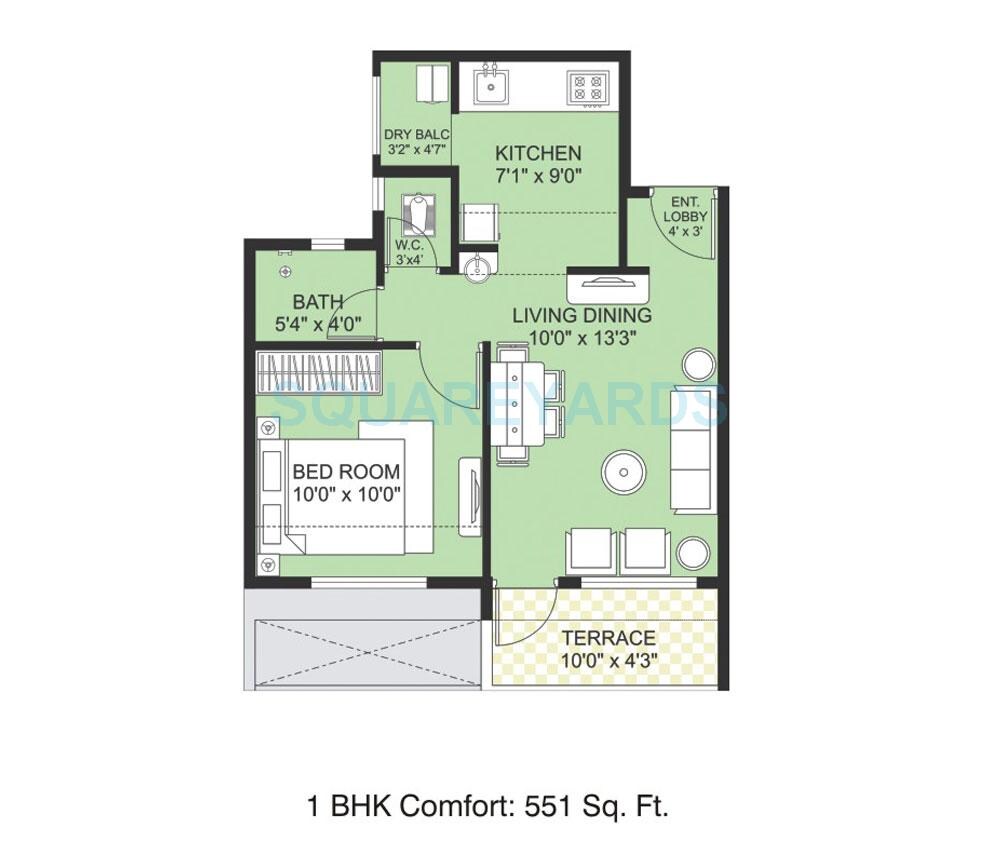 Floor plan of 1 BHK 551 Sq. Ft. Apartment in Jupiter Commanders Aayush Parks, Pune