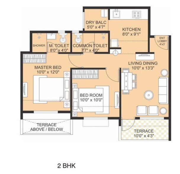 Floor plan of 2 BHK 630 Sq. Ft. Apartment in Jupiter Commanders Aayush Park, Pune