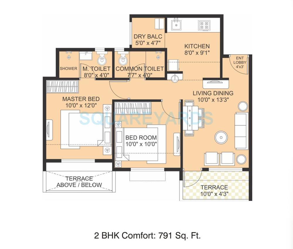 Floor plan of 2 BHK 791 Sq. Ft. Apartment in Jupiter Commanders Aayush Parks, Pune