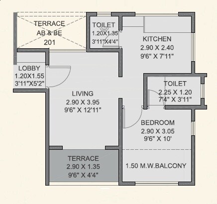 Floor plan of 2 BHK 357 Sq. Ft. Apartment in Jyotirmay Geetai, Pune