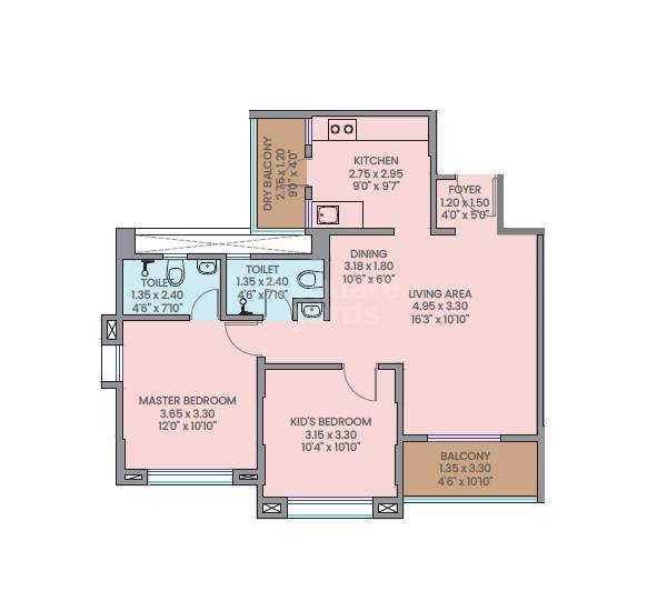 Floor plan of 2 BHK 708 Sq. Ft. Apartment in K Gokuldham Residency, Pune