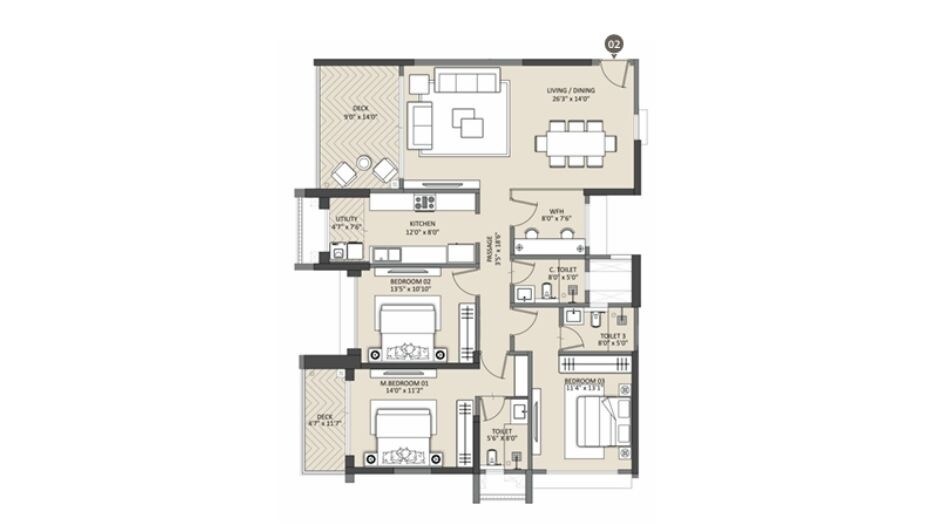3 BHK 1500 Sq. Ft. Apartment