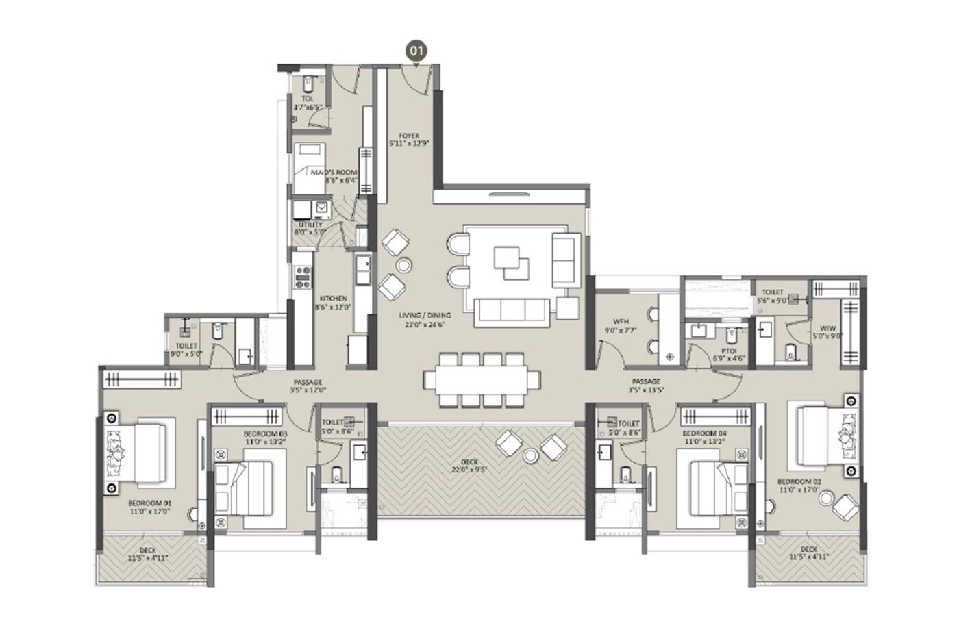 Floor plan of 4 BHK 2500 Sq. Ft. Apartment in K Raheja Aurum, Pune