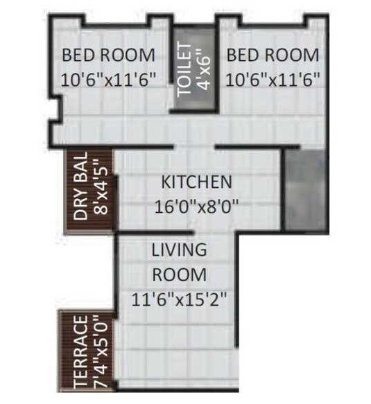 Floor plan of 2 BHK 977 Sq. Ft. Apartment in K Square Nandini Blossom, Pune