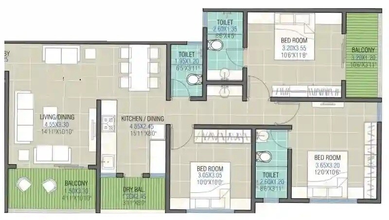 Floor plan of 3 BHK 1000 Sq. Ft. Apartment in K Sukhwani Brramha Residency, Pune
