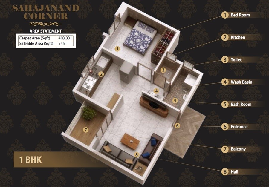 Floor plan of 1 BHK 403 Sq. Ft. Apartment in Kacha Sahajanand Corner, Pune