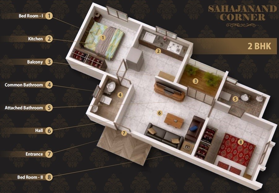 Floor plan of 2 BHK 550 Sq. Ft. Apartment in Kacha Sahajanand Corner, Pune