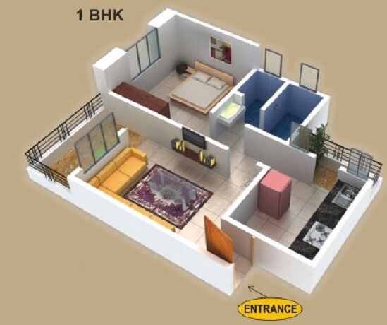 Floor plan of 1 BHK 611 Sq. Ft. Apartment in Kadu Malhar Villa, Pune