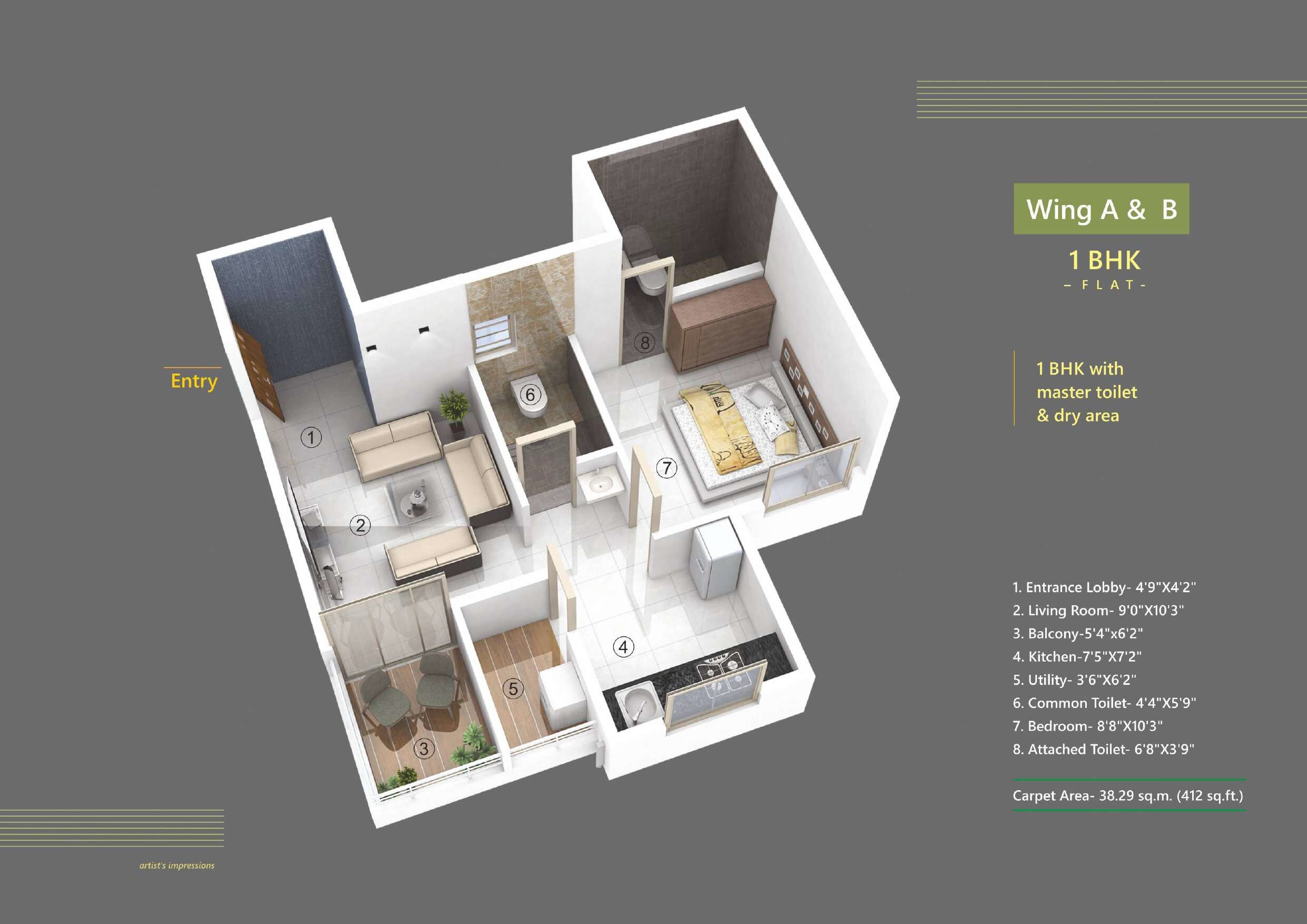Floor plan of 1 BHK 412 Sq. Ft. Apartment in Kadu Snehkunj, Pune