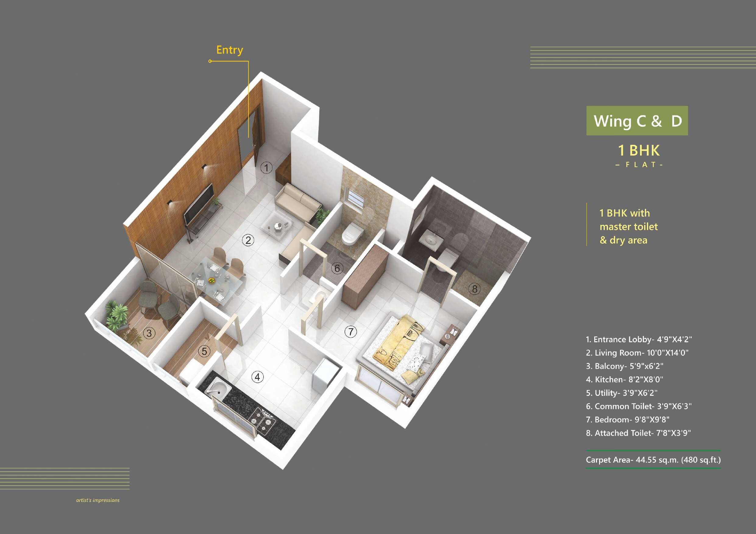 Floor plan of 1 BHK 480 Sq. Ft. Apartment in Kadu Snehkunj, Pune
