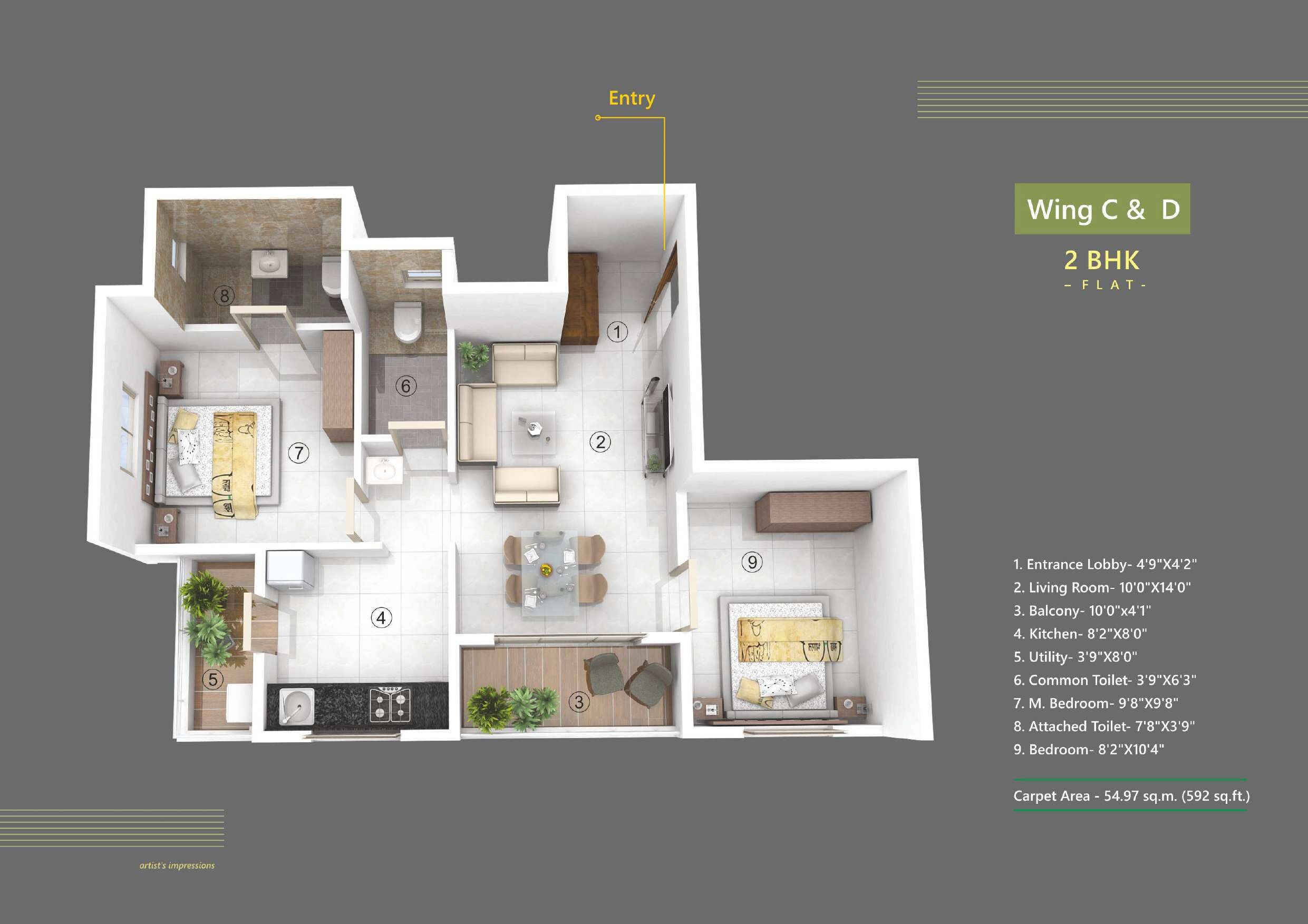 Floor plan of 2 BHK 592 Sq. Ft. Apartment in Kadu Snehkunj, Pune