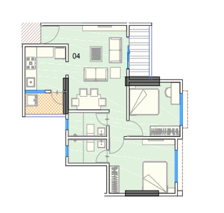 Floor plan of 2 BHK 675 Sq. Ft. Apartment in Kakade Le Skylark, Pune