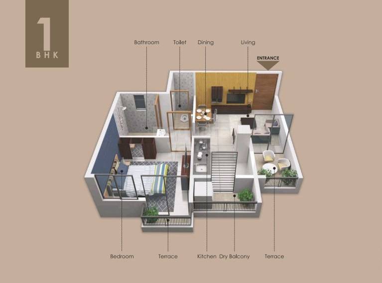 Floor plan of 1 BHK 425 Sq. Ft. Apartment in Kakade Panoramaa, Pune