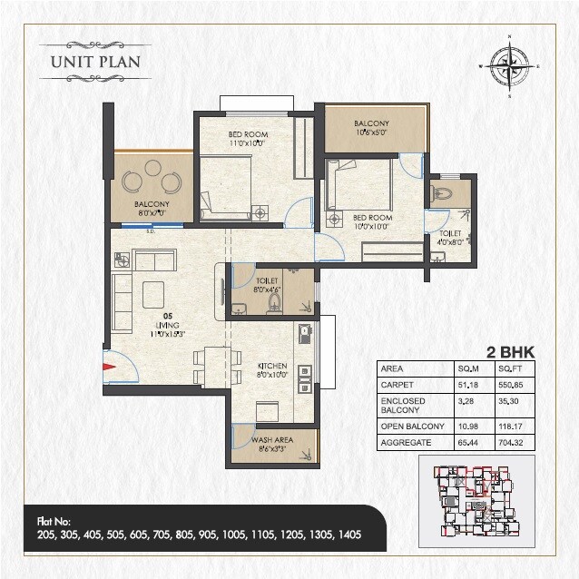 Floor plan of 2 BHK 704 Sq. Ft. Apartment in Kakade Royal Heritage, Pune