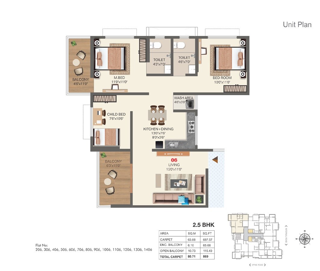 Floor plan of 2 BHK 869 Sq. Ft. Apartment in Kakade Royal Heritage, Pune