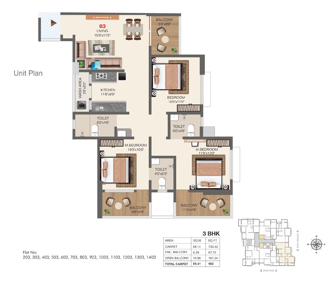 Floor plan of 3 BHK 962 Sq. Ft. Apartment in Kakade Royal Heritage, Pune