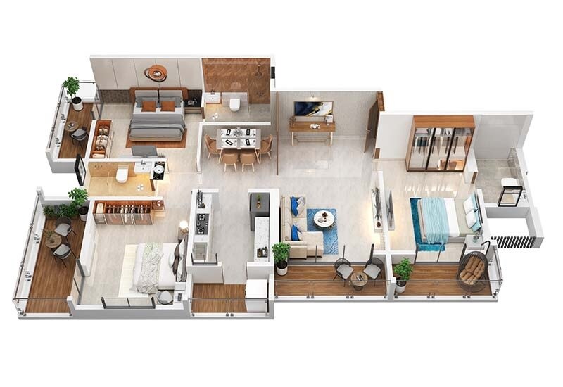Floor plan of 3 BHK 1180 Sq. Ft. Apartment in Kakkad Kailash Kutir, Pune