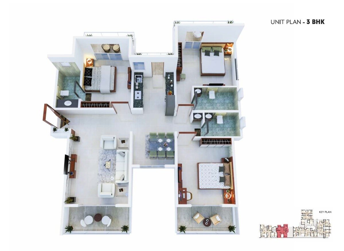 Floor plan of 3 BHK 1300 Sq. Ft. Apartment in Kakkad Madhukosh, Pune