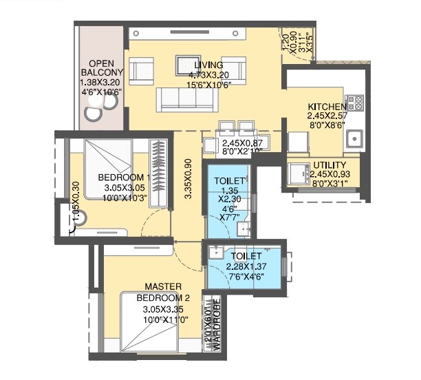 Floor plan of 2 BHK 702 Sq. Ft. Apartment in Kalaapi Geetvan, Pune