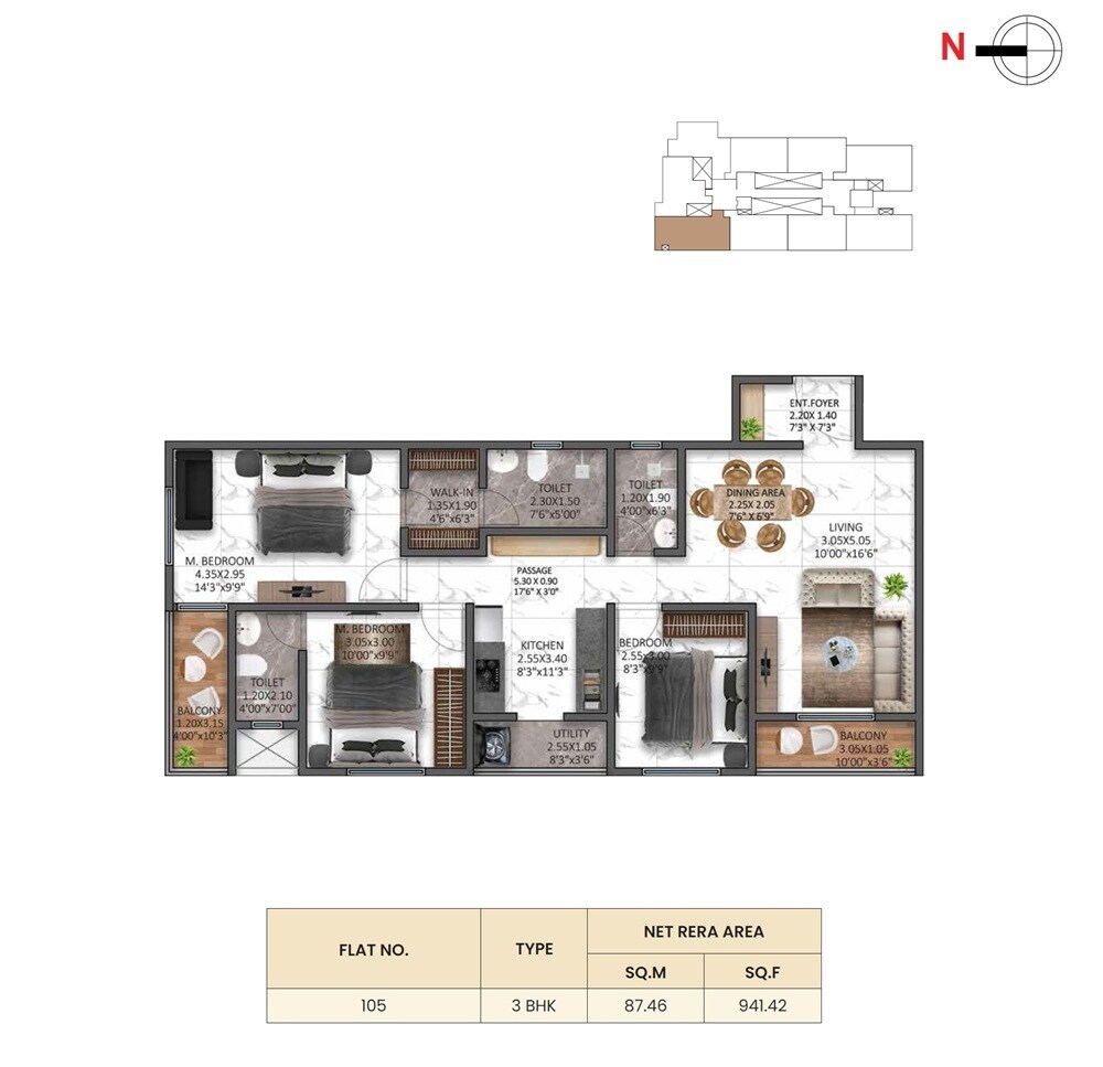 Floor plan of 3 BHK 942 Sq. Ft. Apartment in Kalbhor Ramsa Regio, Pune