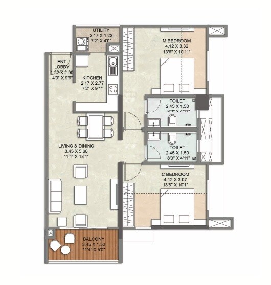 2 BHK 841 Sq. Ft. Apartment