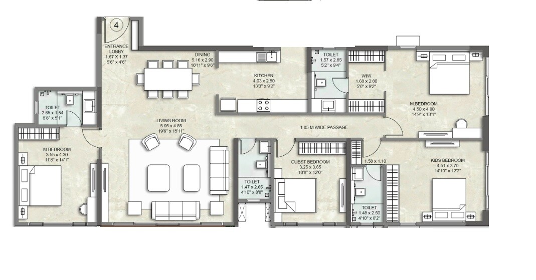 Floor plan of 4 BHK 2637 Sq. Ft. Apartment in Kalpataru Blossoms, Pune
