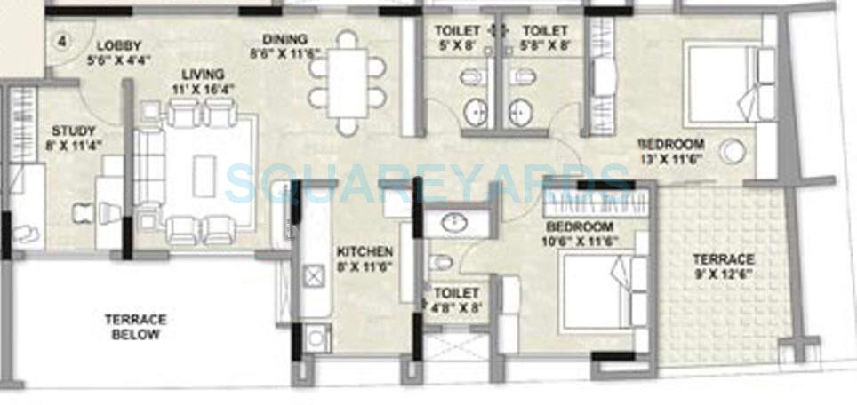 Floor plan of 2 BHK 968 Sq. Ft. Apartment in Kalpataru Estate, Pune