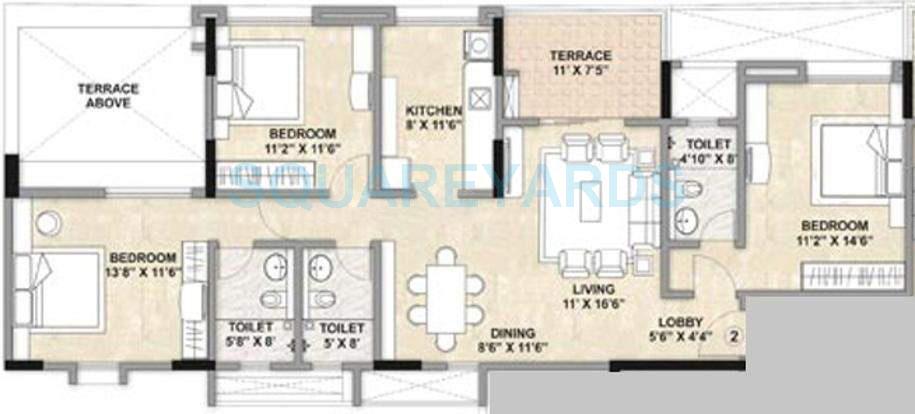 Floor plan of 3 BHK 1355 Sq. Ft. Apartment in Kalpataru Estate, Pune