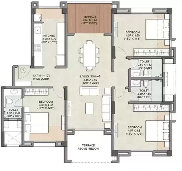 Floor plan of 3 BHK 1355 Sq. Ft. Apartment in Kalpataru Estate Building 8, Pune
