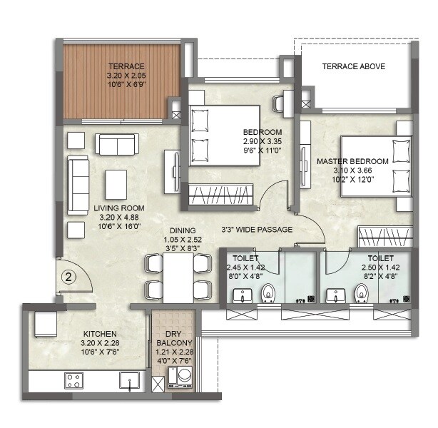 Floor plan of 2 BHK 718 Sq. Ft. Apartment in Kalpataru Serenity, Pune