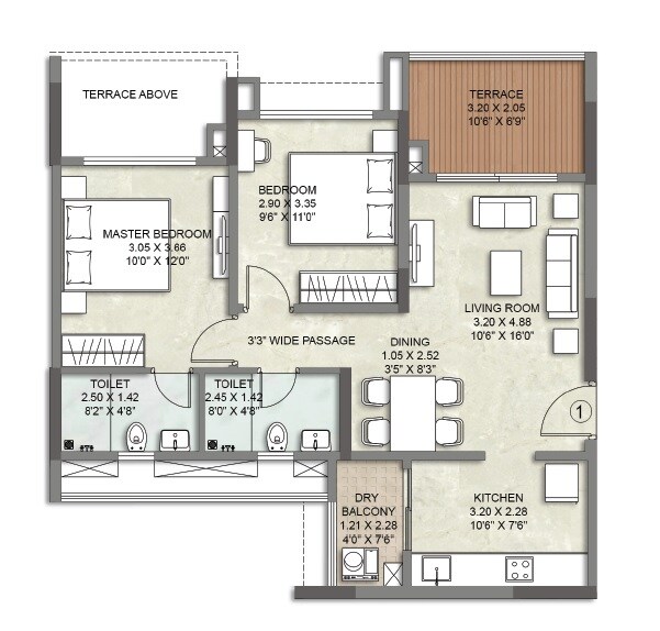 Floor plan of 2 BHK 750 Sq. Ft. Apartment in Kalpataru Serenity, Pune