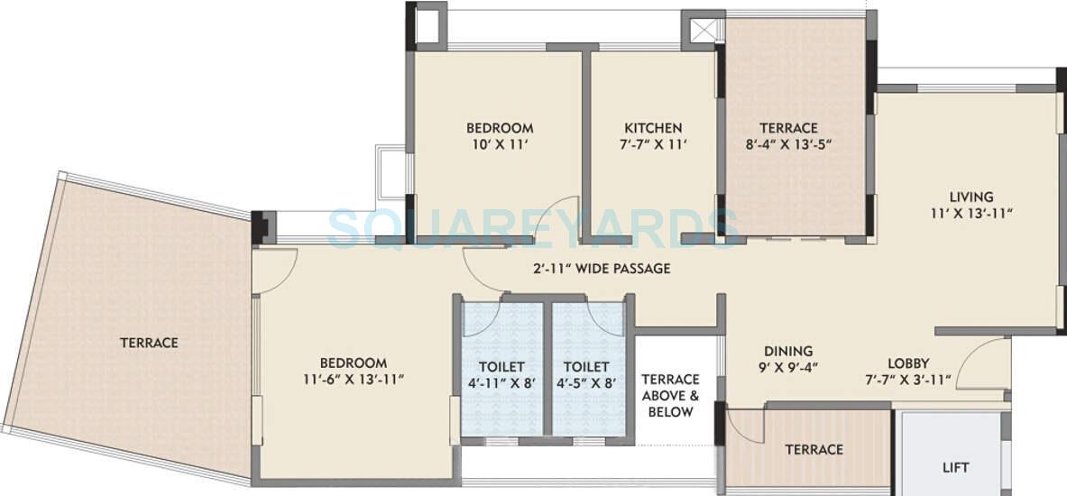 Floor plan of 2 BHK 1037 Sq. Ft. Apartment in Kalpataru Splendour, Pune