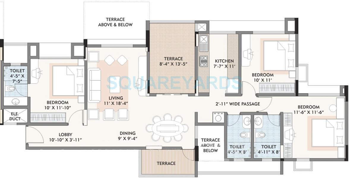 Floor plan of 3 BHK 1341 Sq. Ft. Apartment in Kalpataru Splendour, Pune