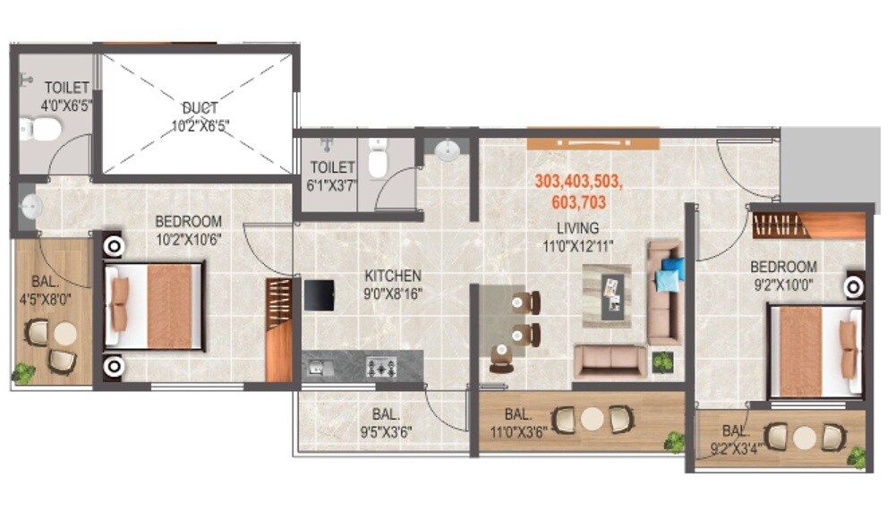 Floor plan of 2 BHK 659 Sq. Ft. Apartment in Kalpdeep Austin Tower, Pune