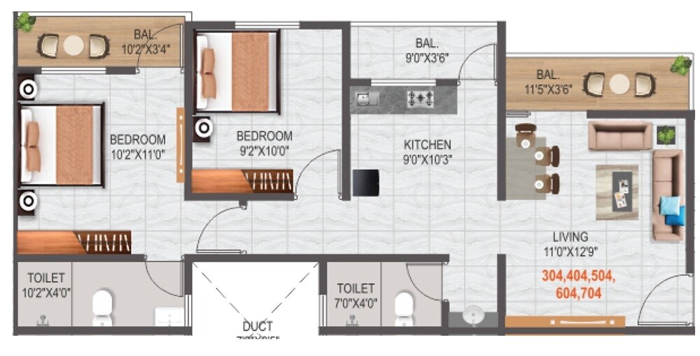 Floor plan of 2 BHK 672 Sq. Ft. Apartment in Kalpdeep Austin Tower, Pune