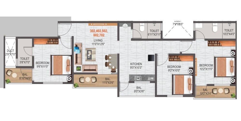 Floor plan of 3 BHK 843 Sq. Ft. Apartment in Kalpdeep Austin Tower, Pune