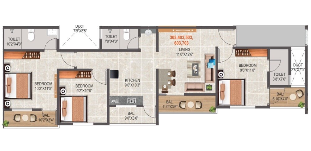Floor plan of 3 BHK 848 Sq. Ft. Apartment in Kalpdeep Austin Tower, Pune