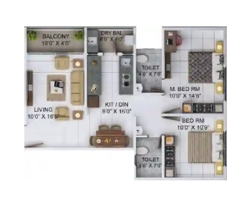 Floor plan of 2 BHK 752 Sq. Ft. Apartment in Kalyani Heritage 28, Pune
