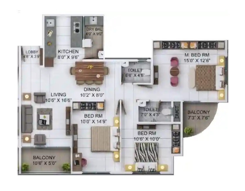 Floor plan of 3 BHK 1109 Sq. Ft. Apartment in Kalyani Heritage 28, Pune
