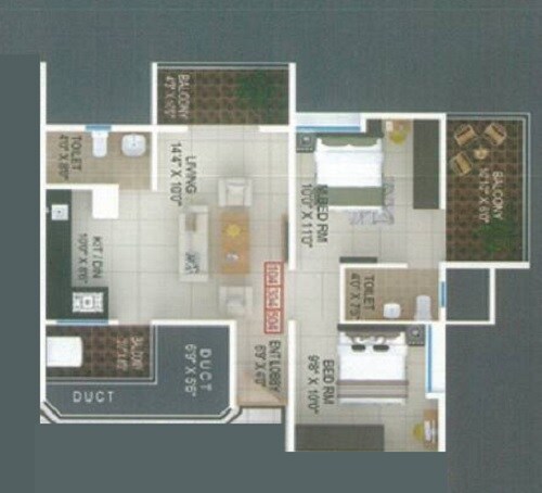 Floor plan of 2 BHK Apartment - 875 sq. ft. in Kalyani Nakshatra, Pune