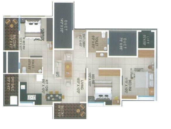 Floor plan of 3 BHK Apartment - 888 sq. ft. in Kalyani Nakshatra, Pune