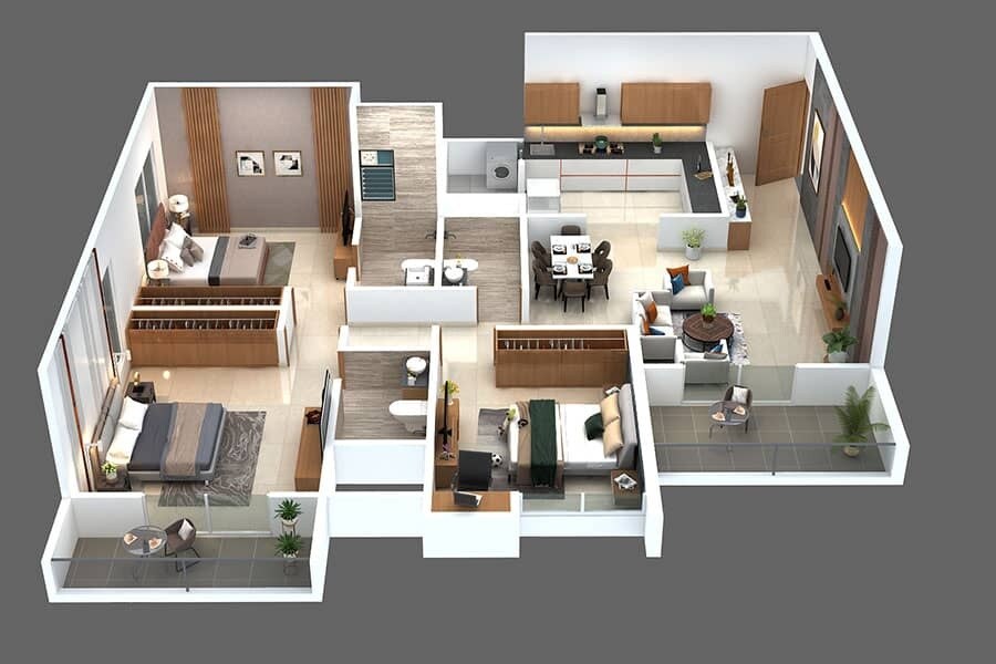 Floor plan of 3 BHK 1091 Sq. Ft. Apartment in Kamalraj Athens, Pune