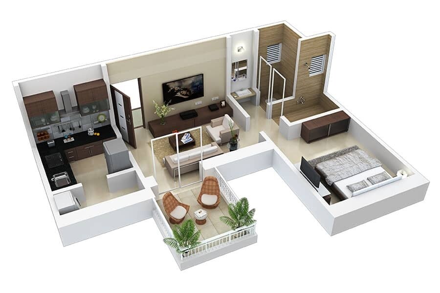 Floor plan of 1 BHK 634 Sq. Ft. Apartment in Kamalraj Datta Vihar, Pune