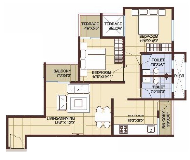 Floor plan of 2 BHK 636 Sq. Ft. Apartment in Kamdhenu 7th Heaven, Pune