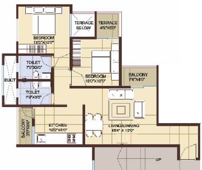 Floor plan of 2 BHK 692 Sq. Ft. Apartment in Kamdhenu 7th Heaven, Pune