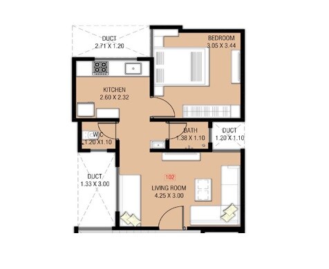 Floor plan of 1 BHK 384 Sq. Ft. Apartment in Kanakmangala Gajanan, Pune