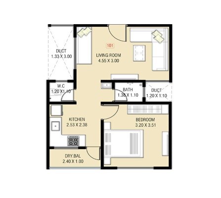 Floor plan of 1 BHK 434 Sq. Ft. Apartment in Kanakmangala Gajanan, Pune