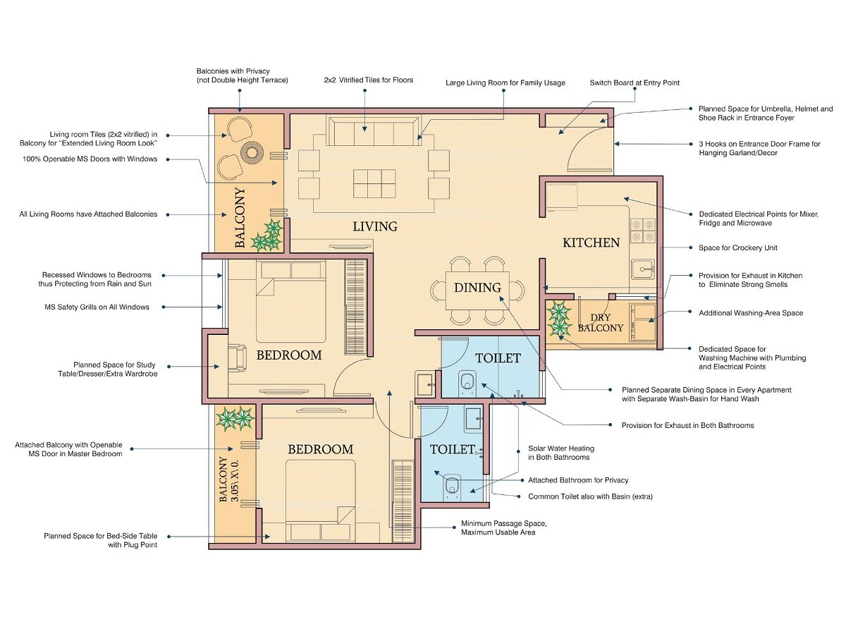 Floor plan of 2 BHK 669 Sq. Ft. Apartment in Kanchan Royal Exotica, Pune