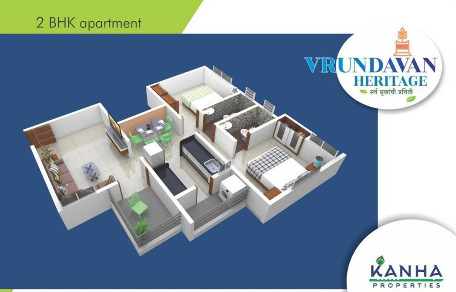Floor plan of 2 BHK Apartment - 670 sq. ft. in Kanha Vrundavan Heritage, Pune